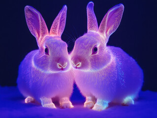 A pair of rabbits with holographic ears that change color based on their movements --ar 4:3 --style raw --v 6.1 Job ID: 9083767a-193f-4f1b-bd58-de34f4530029