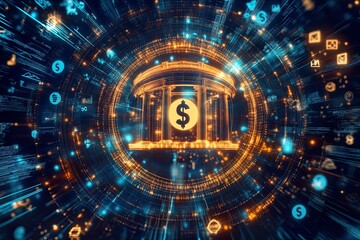 Obraz premium Digital banking concept with financial symbols.
