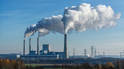 A power plant emits large clouds of smoke into the clear sky, showcasing industrial pollution against a backdrop of trees and distant wind turbines.