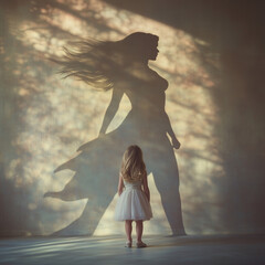 Little girl imagining herself as a superhero with shadow on the wall