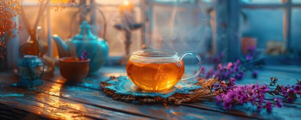 Organic Tea Tasting, vibrant colors, close-up, cozy setting, photography
