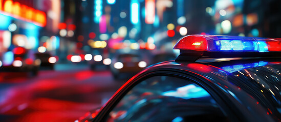 red and blue signal lights on the roof of a police car on a blurred background of a night city street, patrol, incident, safety, crime, crime, emergency services, traffic accident, traffic police