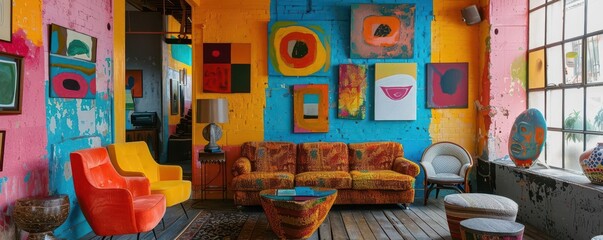 Naklejka premium Urban Art Gallery, vibrant colors, eclectic decor, indoor setting, photography