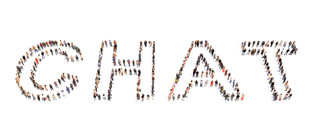 Concept or conceptual large community of people forming the word CHAT.  3d illustration metaphor for social media, online communication, friendship, community, connection and lifestyle