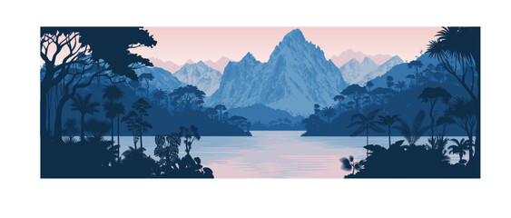 Vector tropical rainforest Jungle lake with mountains