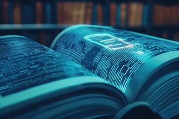 Open book with digital data visualization, showcasing technology and knowledge integration.