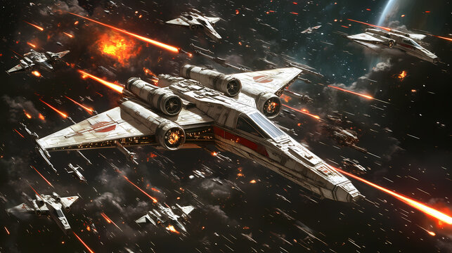 A galactic war between rival factions, with epic space battles, daring starfighter pilots, and heroes fighting for the fate of the universe. Starfighter Battle. Illustration