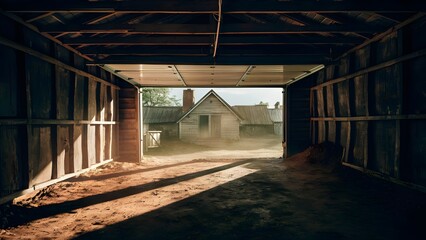 Fototapeta premium Small Garage in Rural Village with Wooden Beams