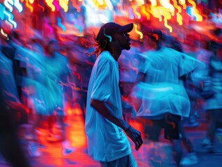 Urban Open-Air Concert, vibrant colors, dynamic lighting, energetic crowd, photography