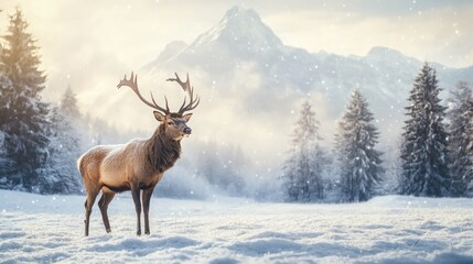 Majestic deer in snowy winter wonderland with pine forest and mountains at sunrise, celebrating merry christmas and happy new year, ai
