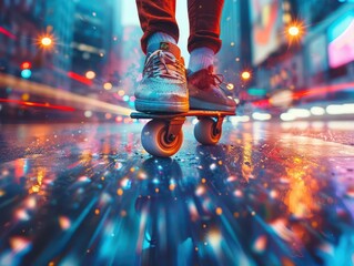 Urban Roller Skating, dynamic action, vibrant colors, city backdrop, photography