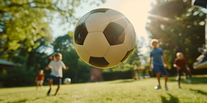 Bola de futebol no ar durante um chute