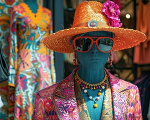 Naklejka premium Vintage Fashion Pop-Up, vibrant colors, eclectic styles, indoor setting, photography
