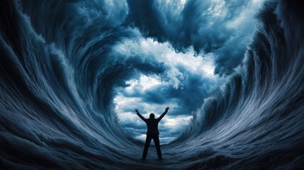 Man Confronting a Powerful Ocean Storm Under Dramatic Skies, AI