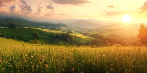 Golden Sunset over Rolling Green Hills and Meadow