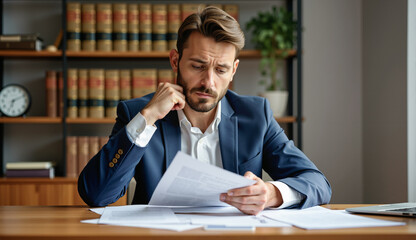 A lawyer in a professional office, deeply focused on reviewing important legal documents, with bookshelves and legal references in the background.