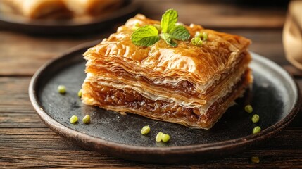 Sweet baklava dessert with mint. Perfect for illustrating recipes, food blogs, or articles about Middle Eastern cuisine.