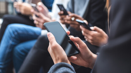 A group of people are sitting together and using their cell phones. One person is holding a black phone