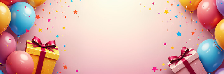 Obraz premium Festive background. Vibrant and colorful background filled with balloons, confetti, and gift boxes, creating a festive atmosphere.