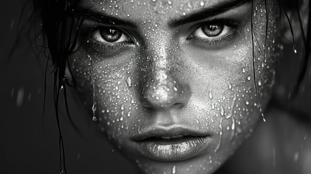 A black-and-white portrait of a woman standing in the rain, with droplets streaming down her face.