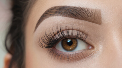 Fototapeta premium A woman with brown hair and brown eyes. Her eyebrows are arched and her eyes are brown