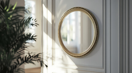 A gold framed mirror is placed in a hallway, adding an elegant touch to the space. this picture can be used for interior design or home decor themes. Enchanted Mirror. Illustration