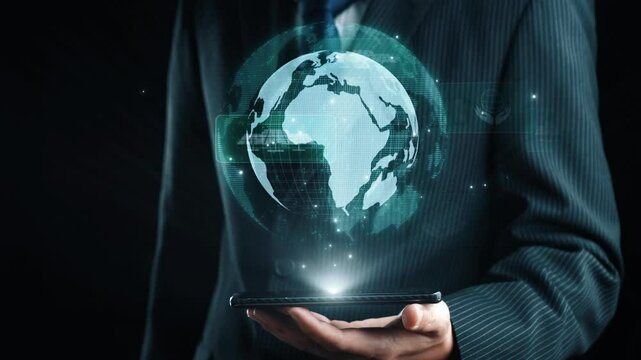Business person implements green strategies, promoting sustainable growth. Discover how businesses lead with sustainable, green innovations for a healthier planet. UUID