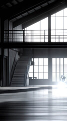 Obraz premium Minimalist interior of a large industrial space with high ceilings, metal stairs, and natural light from large windows. AI-generated.