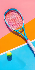 Raquete de tênis e bola em uma quadra de saibro