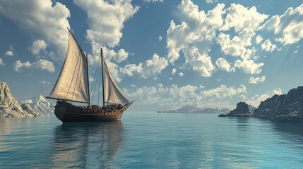 Naklejka premium Sailing Ship on a Calm Ocean with Mountains in the Distance
