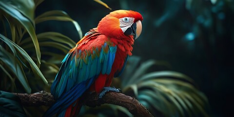 Fototapeta premium Scarlet Macaw Perched on Branch in Tropical Rainforest