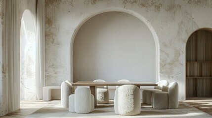 Fototapeta premium Minimalist Interior Design with Arched Walls and Plush Seating