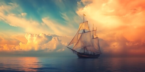 Fototapeta premium Vintage Sailboat on the Ocean at Sunset