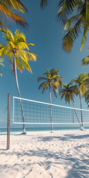 Voleibol em uma praia de areia com palmeiras