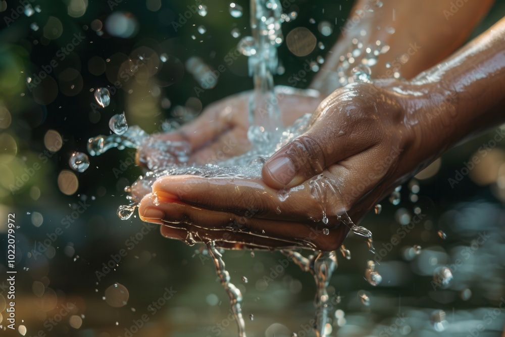 Aufkleber water flows over hands as they are washed in a beautiful natural environment filled with light and r