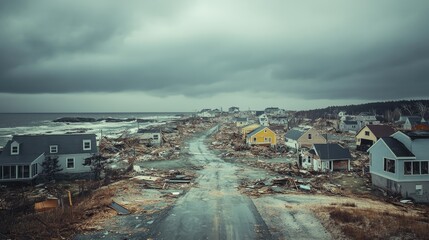 Obraz premium A ruined coastal city showing the effects of a hurricane, natural disaster
