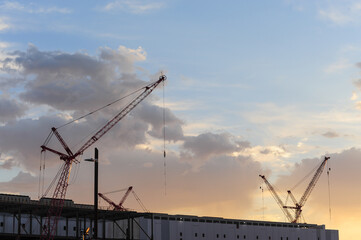 Sunset light bathes tower cranes rising over a building under construction in the southeastern corner of Maricopa County, Arizona