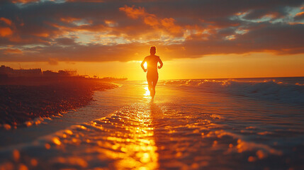  medium shot of a determined individual running towards a glowing horizon 