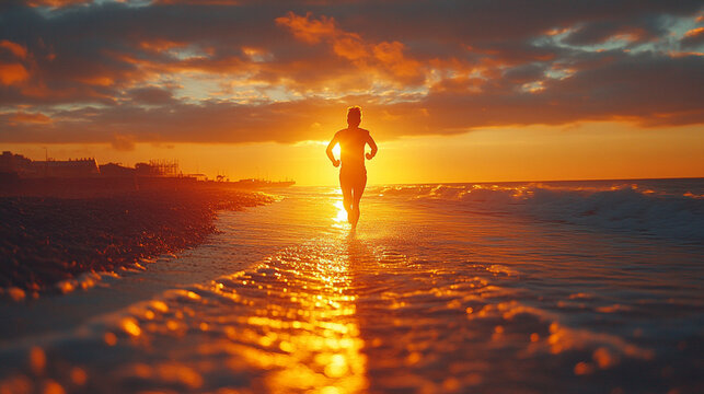  medium shot of a determined individual running towards a glowing horizon 
