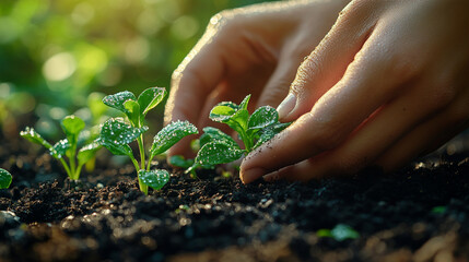 A serene close-up of hands gently placing a seed into fertile soil 