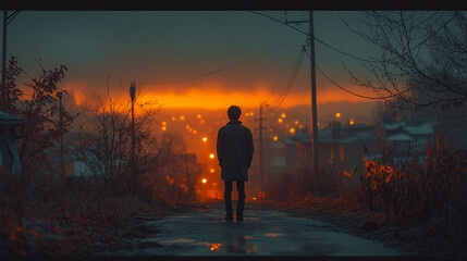 contemplative portrait of a person standing on a dimly lit path
