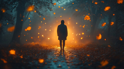 contemplative portrait of a person standing on a dimly lit path