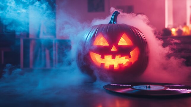 Neon Halloween poster with pumpkin
