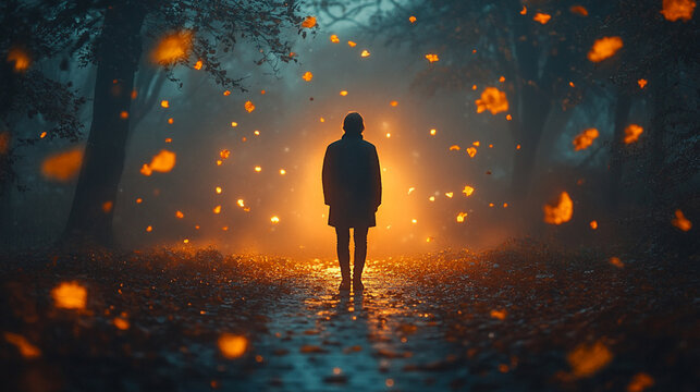 contemplative portrait of a person standing on a dimly lit path
