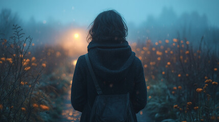 contemplative portrait of a person standing on a dimly lit path