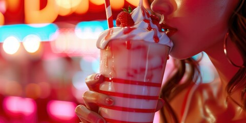 A woman enjoys a milkshake with a red and white striped cup. AI.