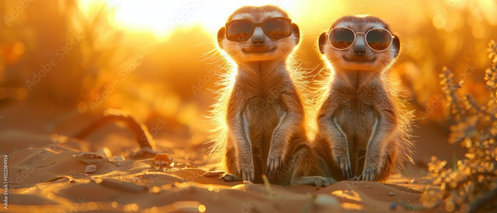 Poster Two meerkats wearing sunglasses sit in the sand. AI.