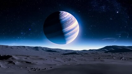 A giant blue and white gas planet hangs above a dark and desolate alien landscape with a starry sky and a faint Milky Way. - Powered by Adobe