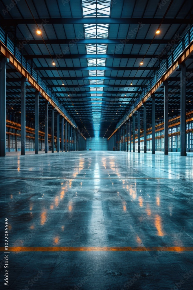 Canvas Prints An empty industrial space with a high ceiling and large windows. AI.