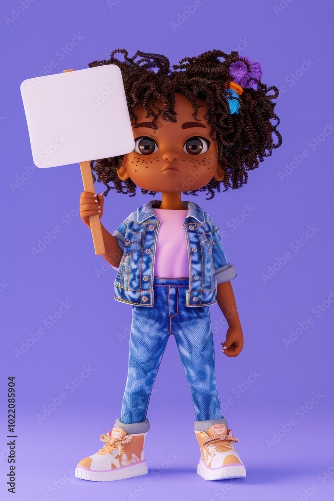 Poster A cartoon girl holding a blank sign. AI.